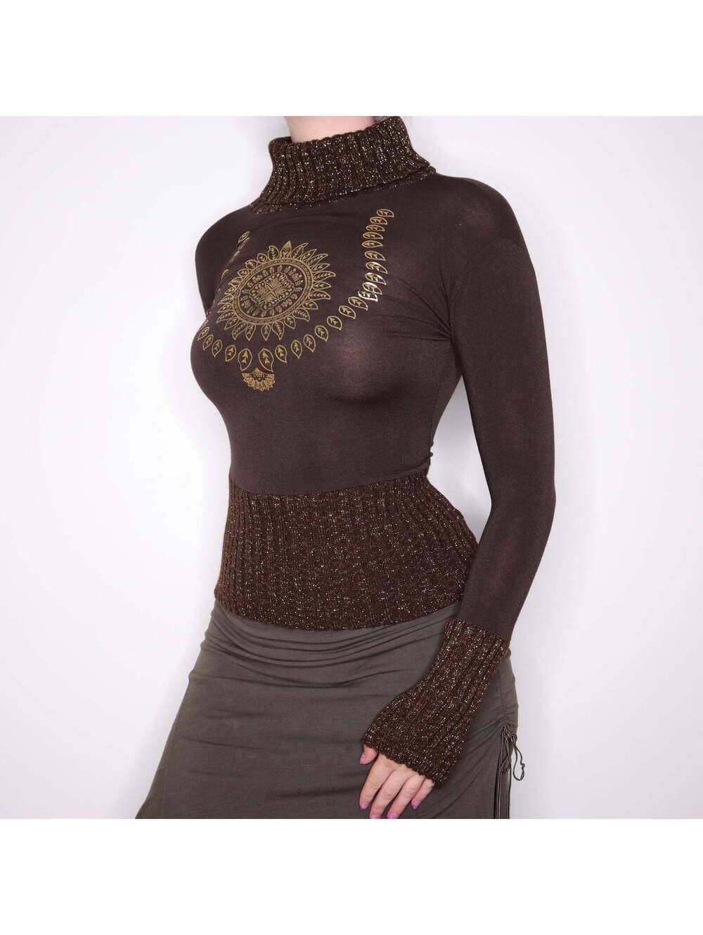Y2K Italian Brown and Gold Printed Turtleneck (S) - Picture 3 of 5